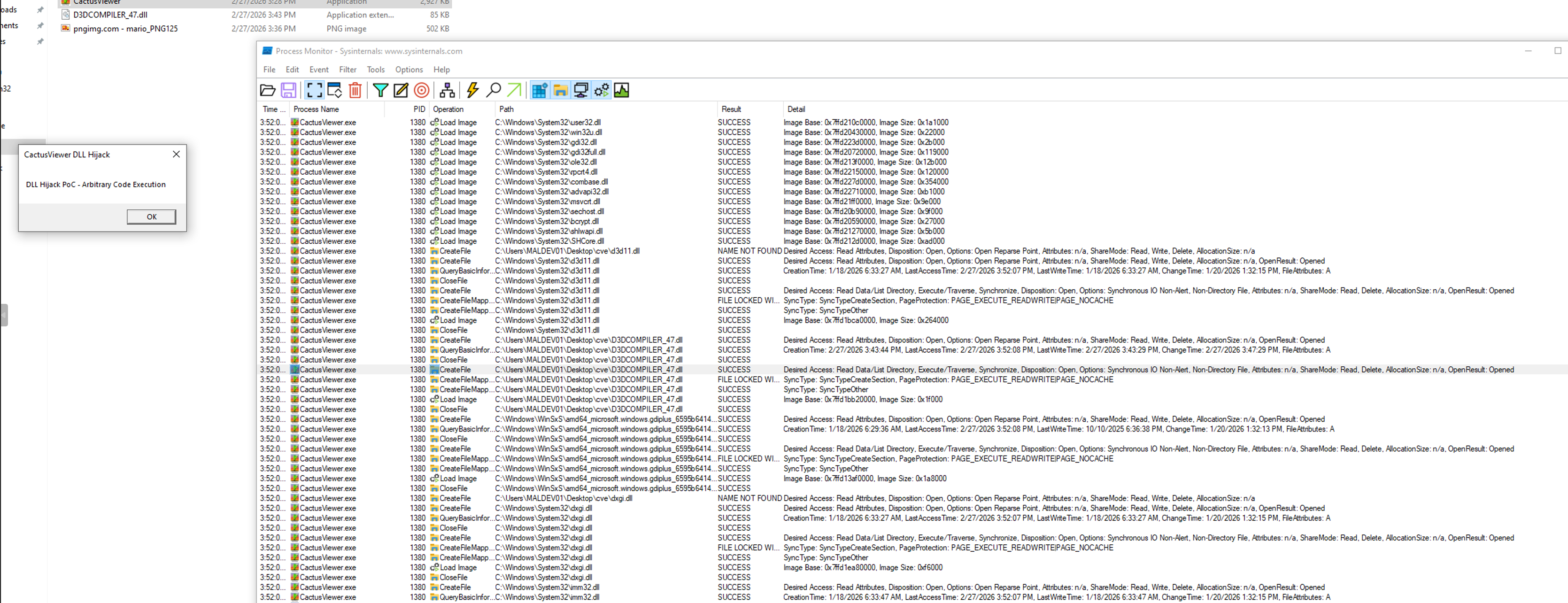 Process Monitor confirming successful load of the malicious DLL