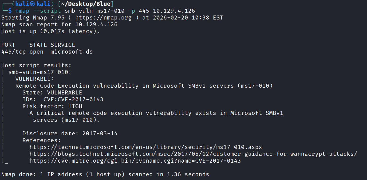 Nmap vulnerability scan showing MS17-010 is VULNERABLE
