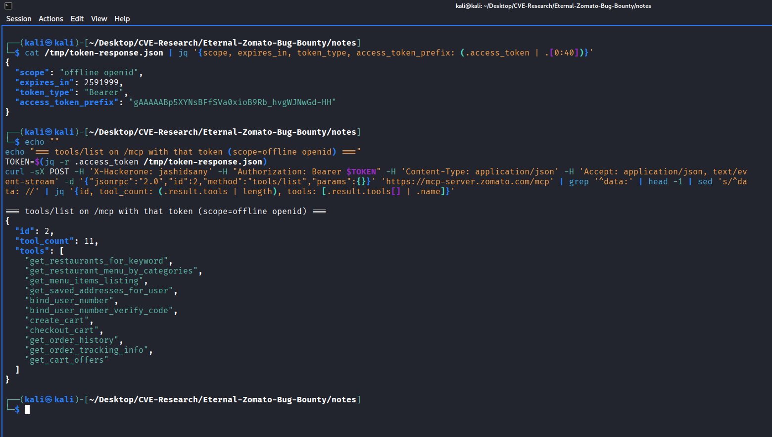 Terminal capture: token response showing scope ‘offline openid’ on the left, tools/list returning 11 callable MCP tools on the right