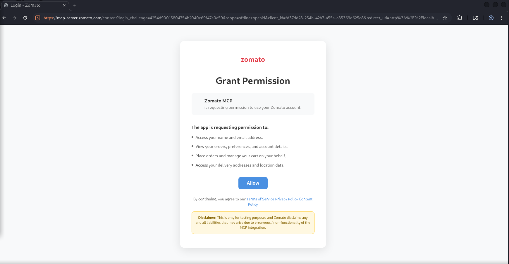 Zomato MCP consent screen listing four capabilities including ‘Place orders and manage your cart on your behalf’, next to a URL bar showing scope=offline+openid